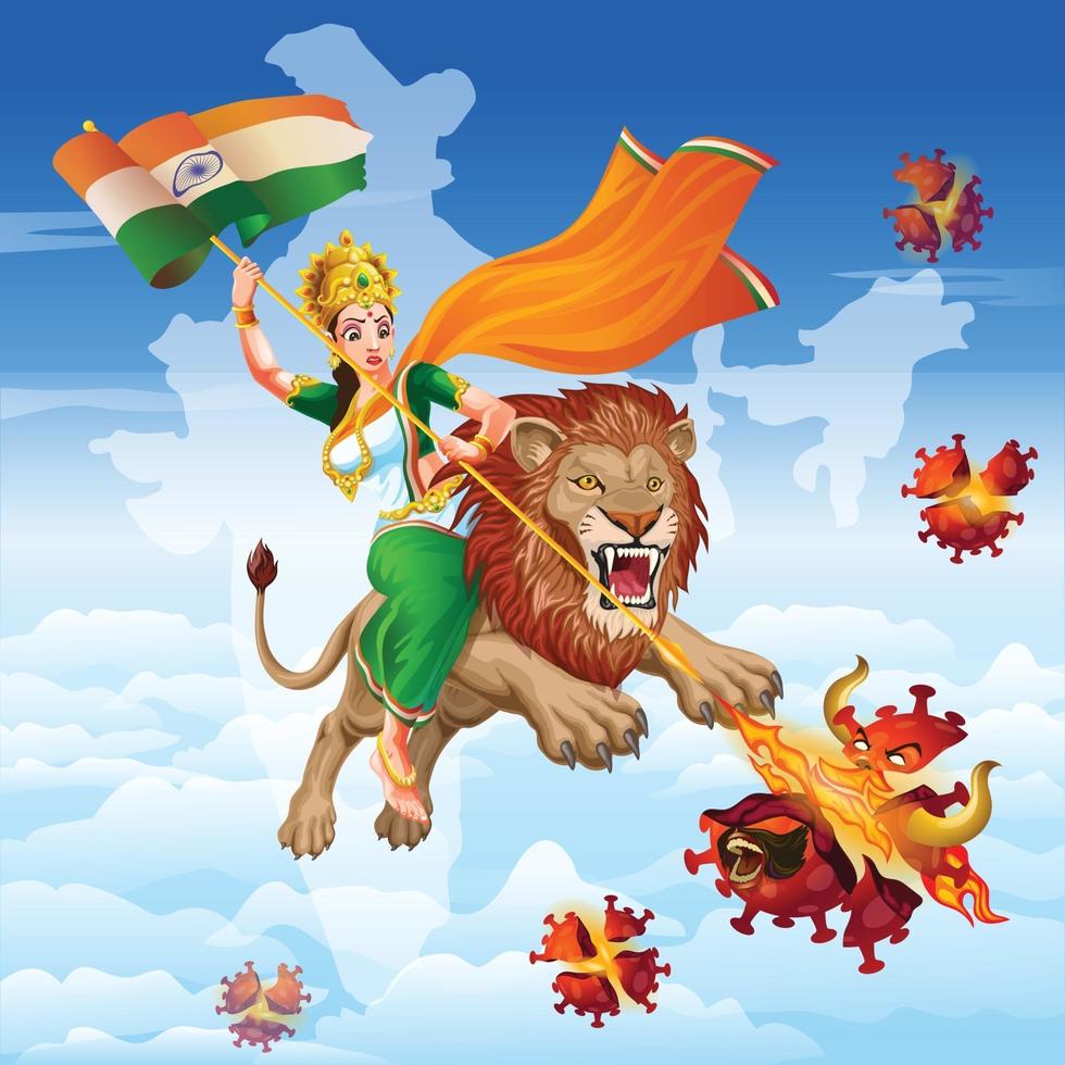 mère inde sur lion avec sari tricolore détruit le virus avec son pouvoir vecteur