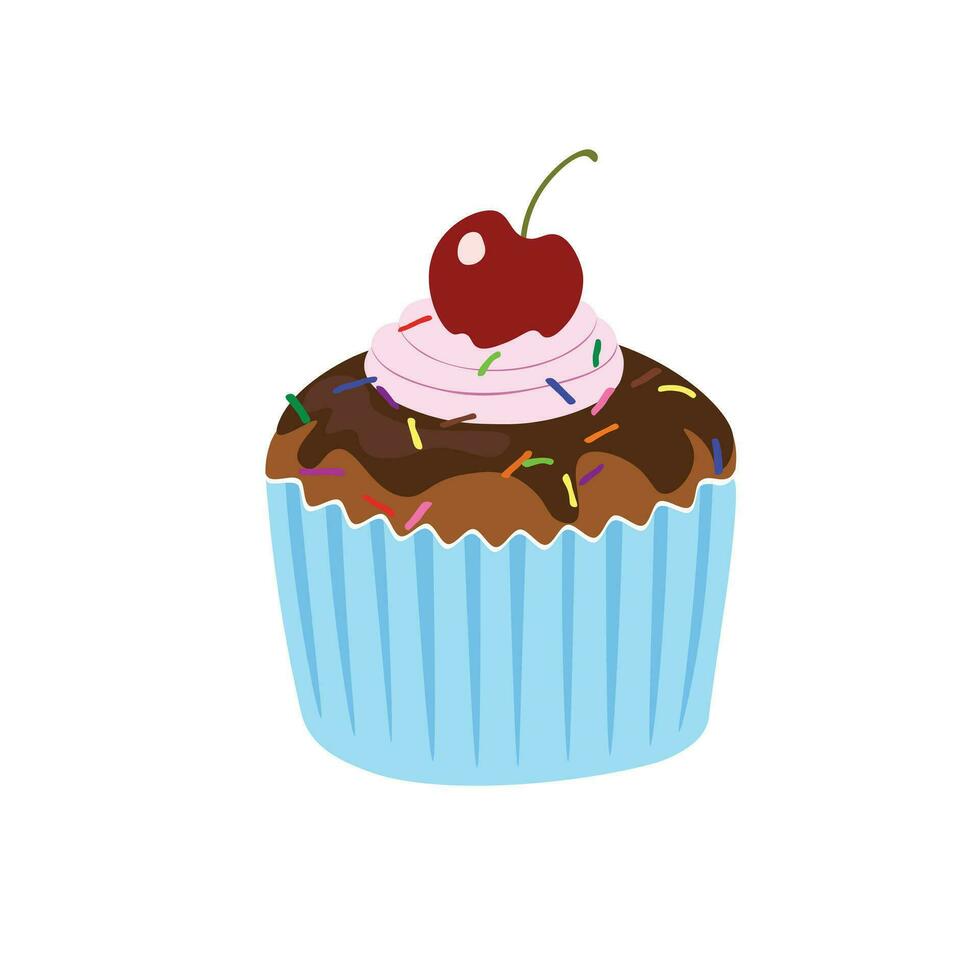 petit gâteau avec Cerise vecteur dans dessin animé style. anniversaire article dans griffonnage style. main dessin gâteau icône pour fête concept. confiserie symbole