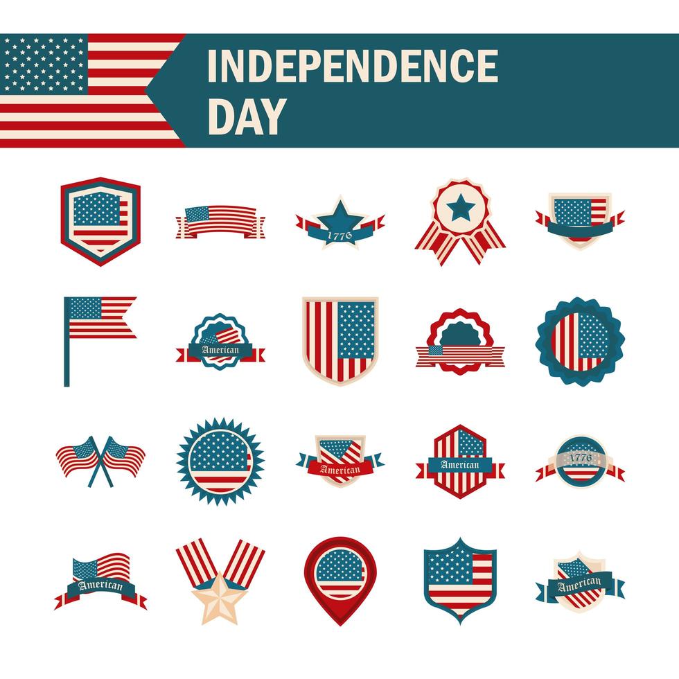 joyeux jour de l'indépendance drapeau américain liberté nationale patriotisme icônes définies style plat vecteur
