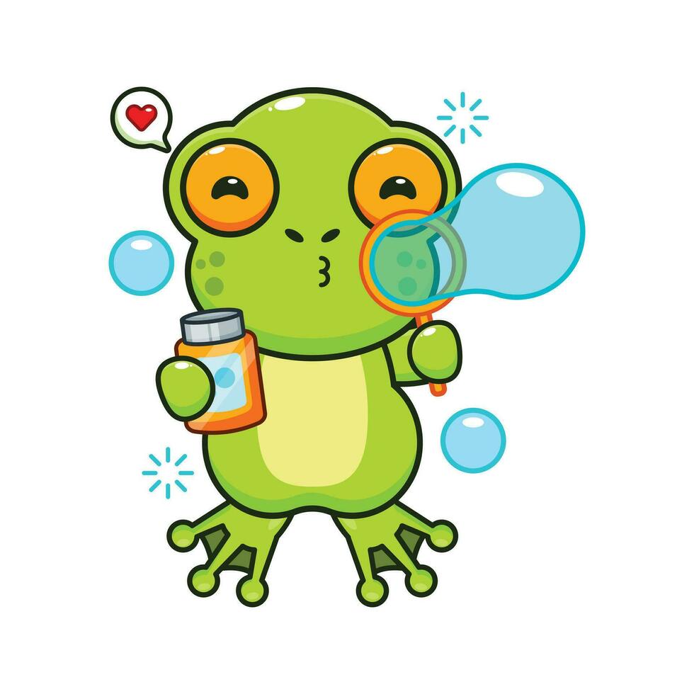 mignonne grenouille soufflant bulles dessin animé vecteur illustration.