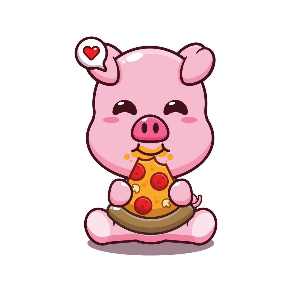 mignonne porc en mangeant Pizza dessin animé vecteur illustration.