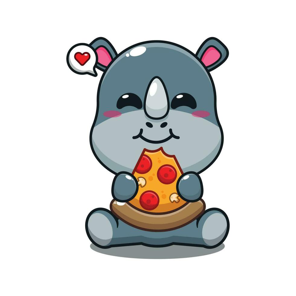 mignonne rhinocéros en mangeant Pizza dessin animé vecteur illustration.