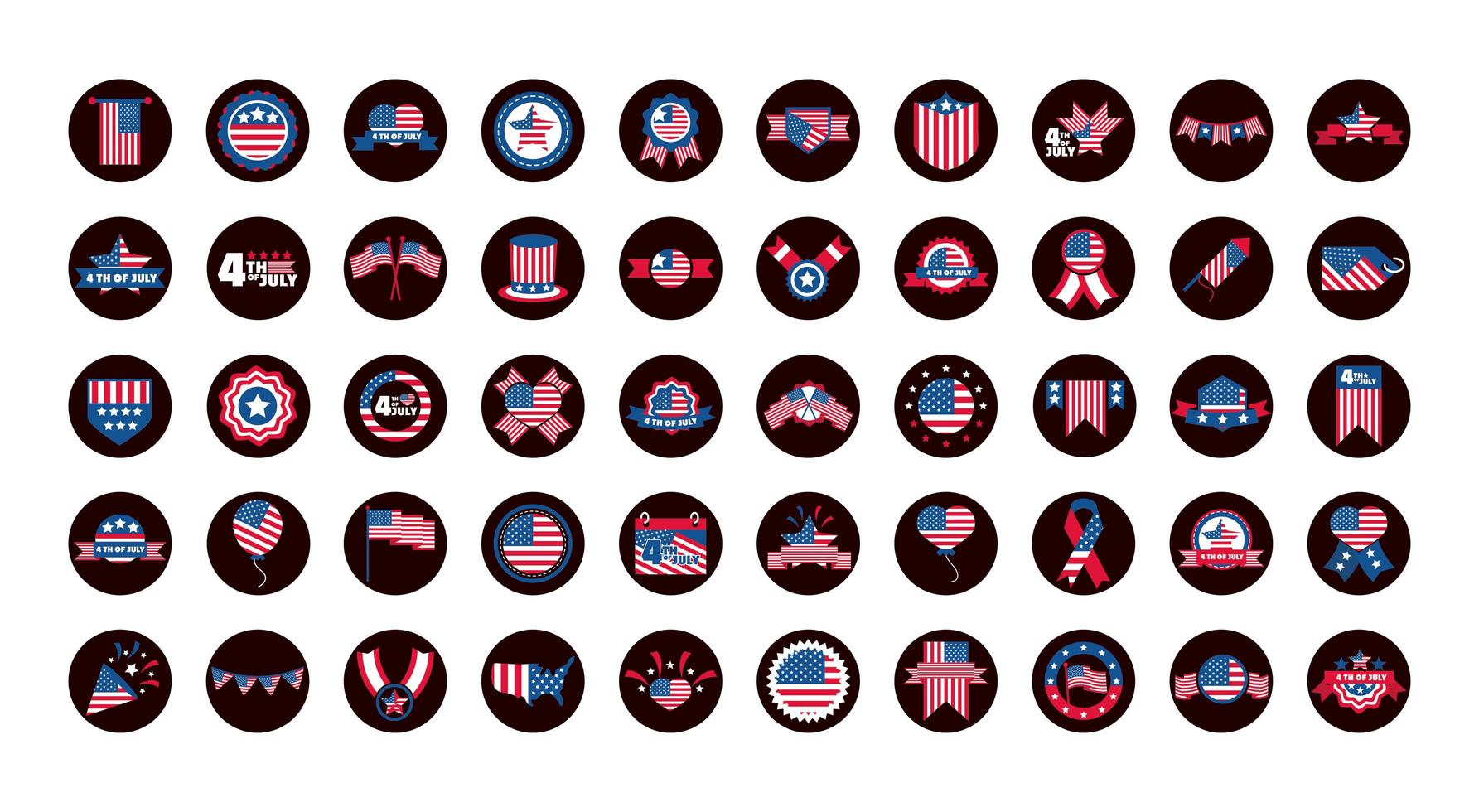 4 juillet, fête de l'indépendance, honneur, mémorial, drapeau américain, icônes, ensemble, bloc, et, plat, style, icône vecteur