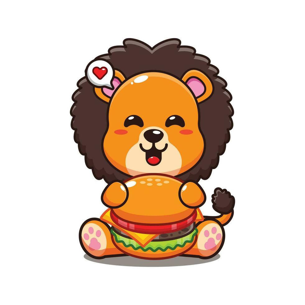 mignonne Lion avec Burger dessin animé vecteur illustration.