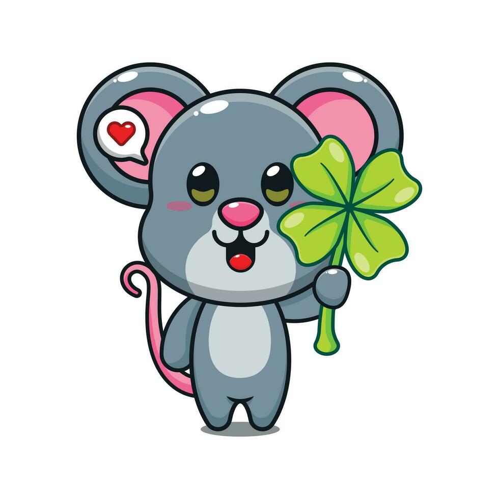 mignonne Souris avec trèfle feuille dessin animé vecteur illustration.