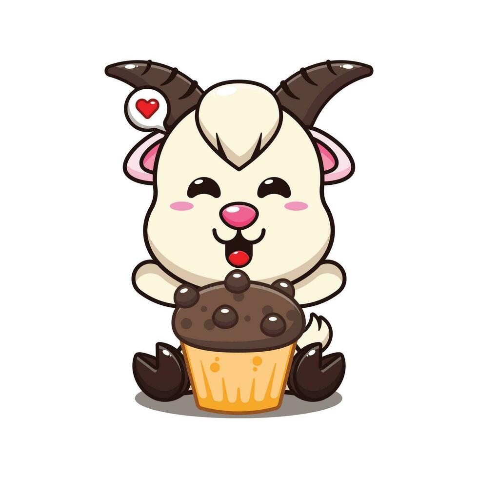 chèvre avec tasse gâteau dessin animé vecteur illustration.