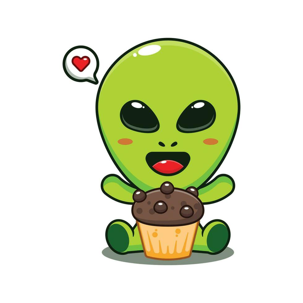 mignonne extraterrestre avec tasse gâteau dessin animé vecteur illustration.