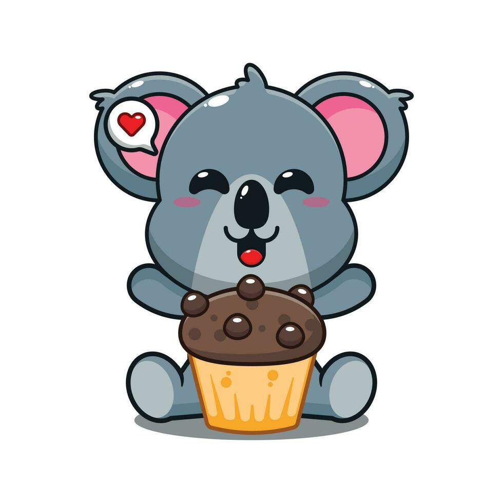 imprimermignon koala avec tasse gâteau dessin animé vecteur illustration.