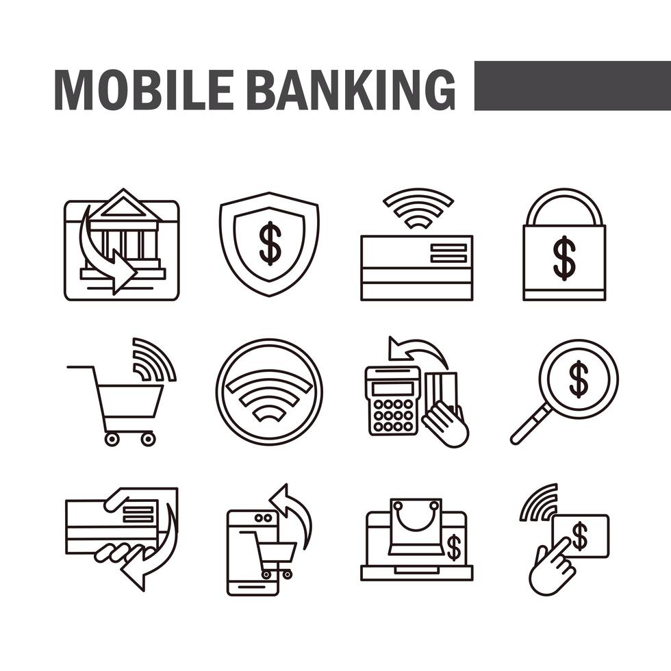 les icônes de commerce électronique en ligne du marché des achats ou des paiements de services bancaires mobiles définissent l'icône de style de ligne et de remplissage vecteur