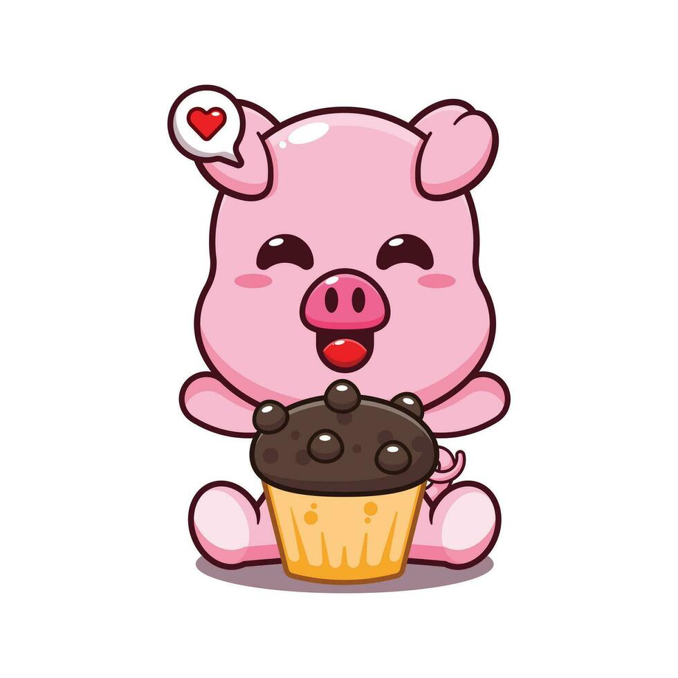 mignonne porc avec tasse gâteau dessin animé vecteur illustration.