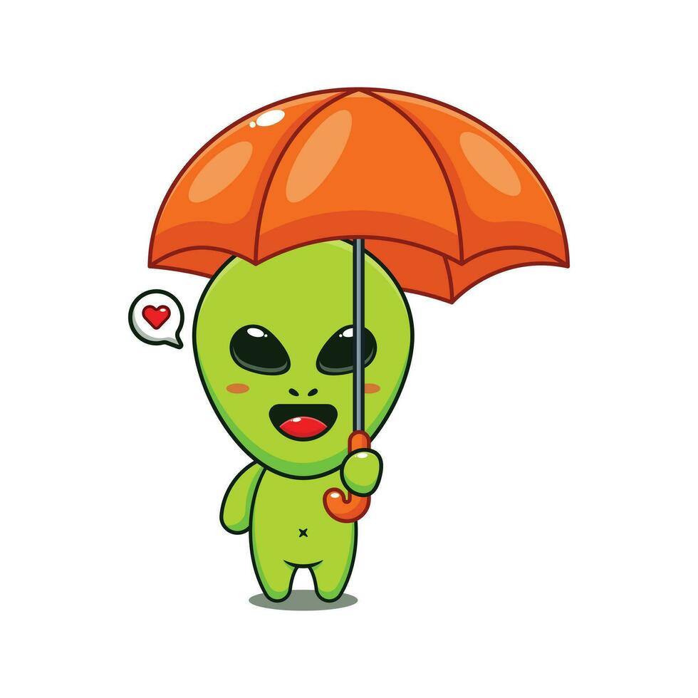 mignonne extraterrestre en portant parapluie dessin animé vecteur illustration.