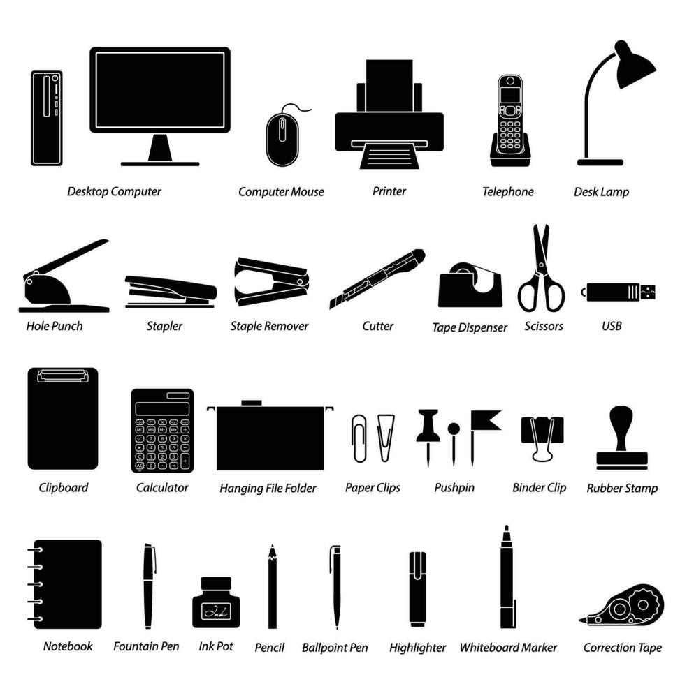 ensemble de Bureau Provisions plat silhouette vecteur sur blanc Contexte. Bureau la fourniture Icônes avec vocabulaire. papeterie symboles. articles pour Bureau concept.