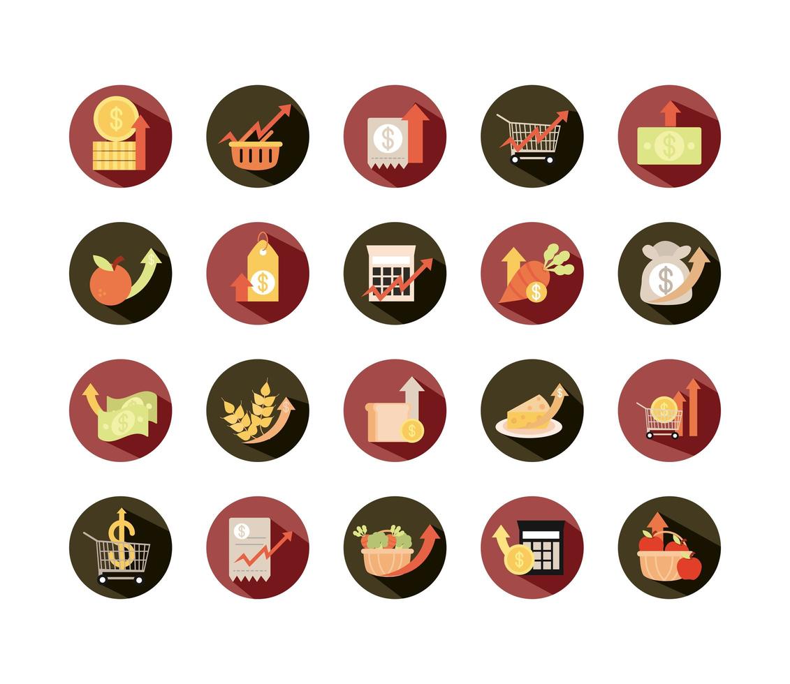 la hausse des prix des aliments sur le marché des icônes de commerce défini une icône de style plat vecteur