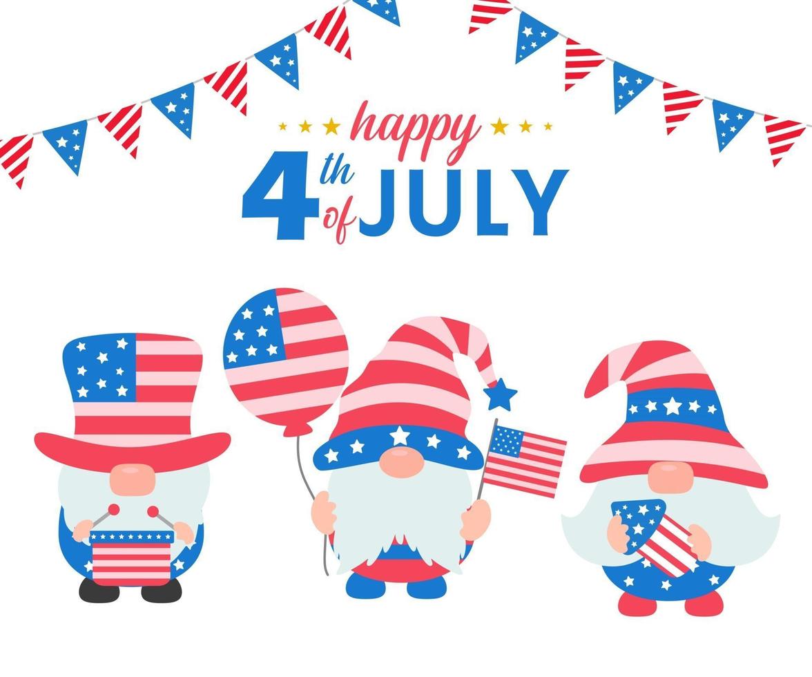 4 juillet, les gnomes portaient un costume de drapeau américain pour célébrer le jour de l'indépendance vecteur