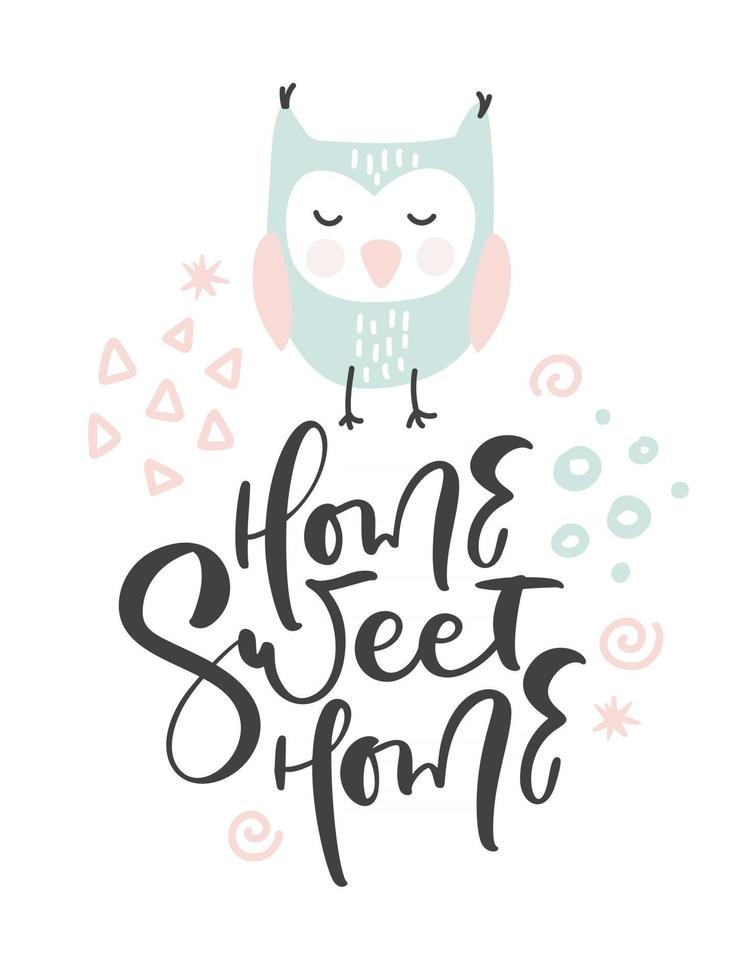 mignon vecteur d'illustration de hibou dessiné à la main dans le style doodle et texte calligraphique home sweet home