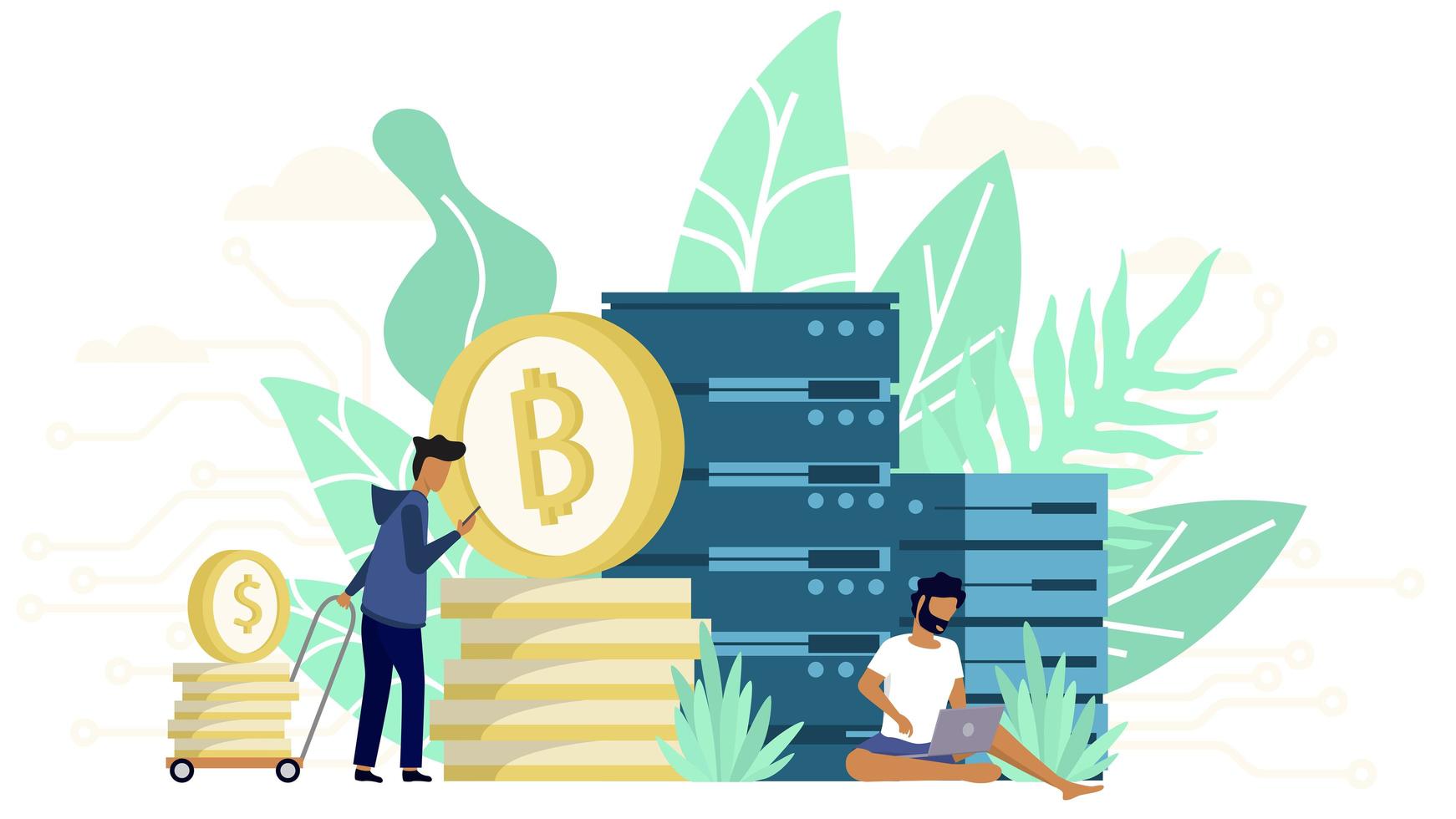 Bitcoin blockchain concept de crypto-monnaie pièce d'or de crypto-monnaie avec des personnes qui exploitent à partir de leur ordinateur vecteur
