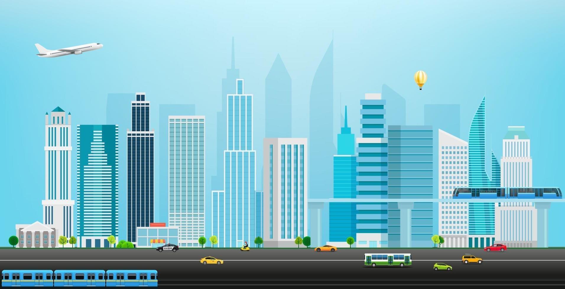 paysage urbain avec illustration vectorielle de transport urbain différent vecteur