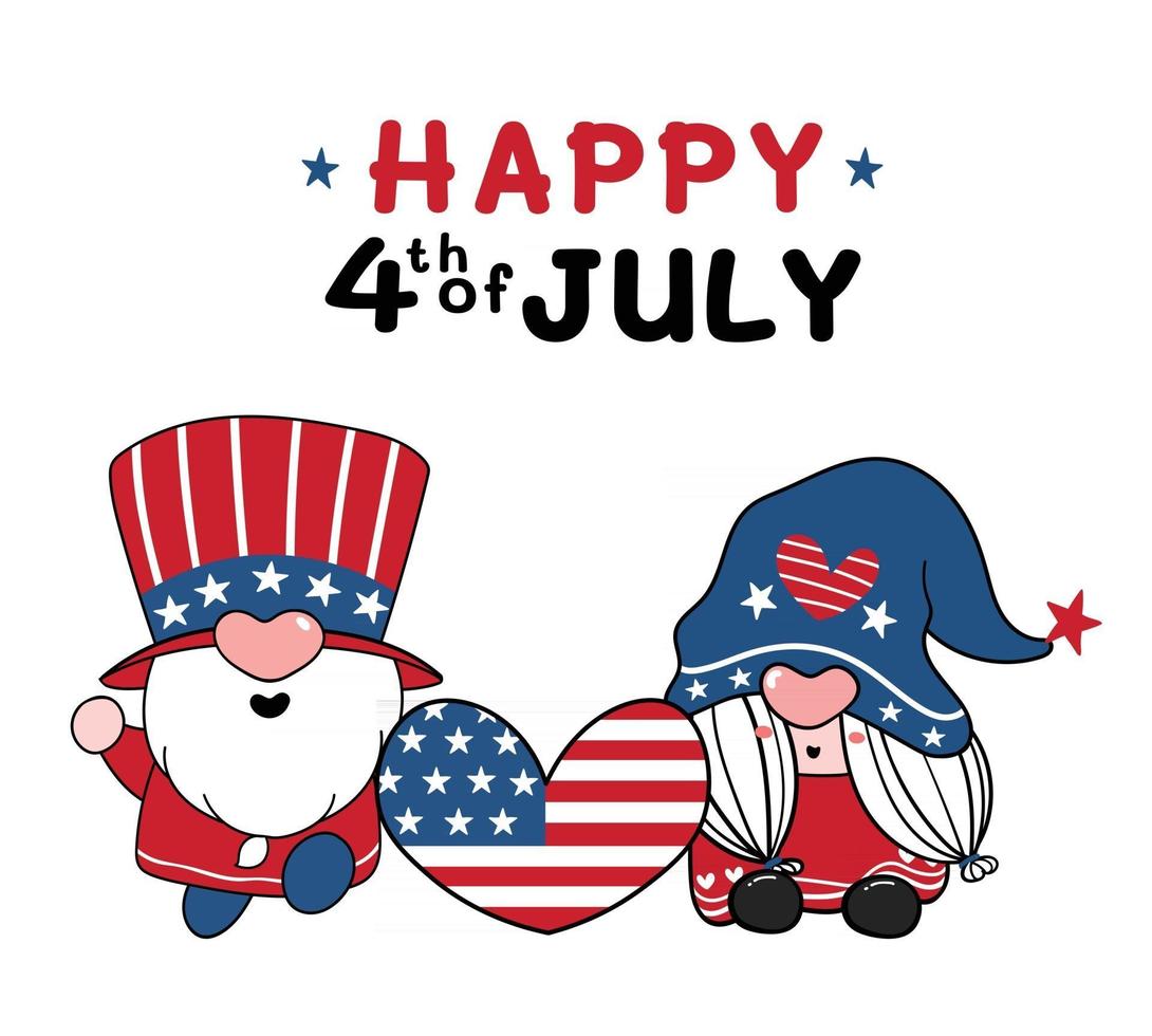 deux mignons amérique gnome 4 juillet fête de l'indépendance dessin animé plat vecteur doodle illustration