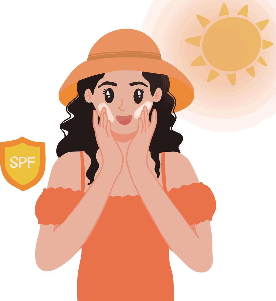 jolie femme sur été vacances portant Soleil écran spf à protéger sa peau de uva uvb illustration vecteur