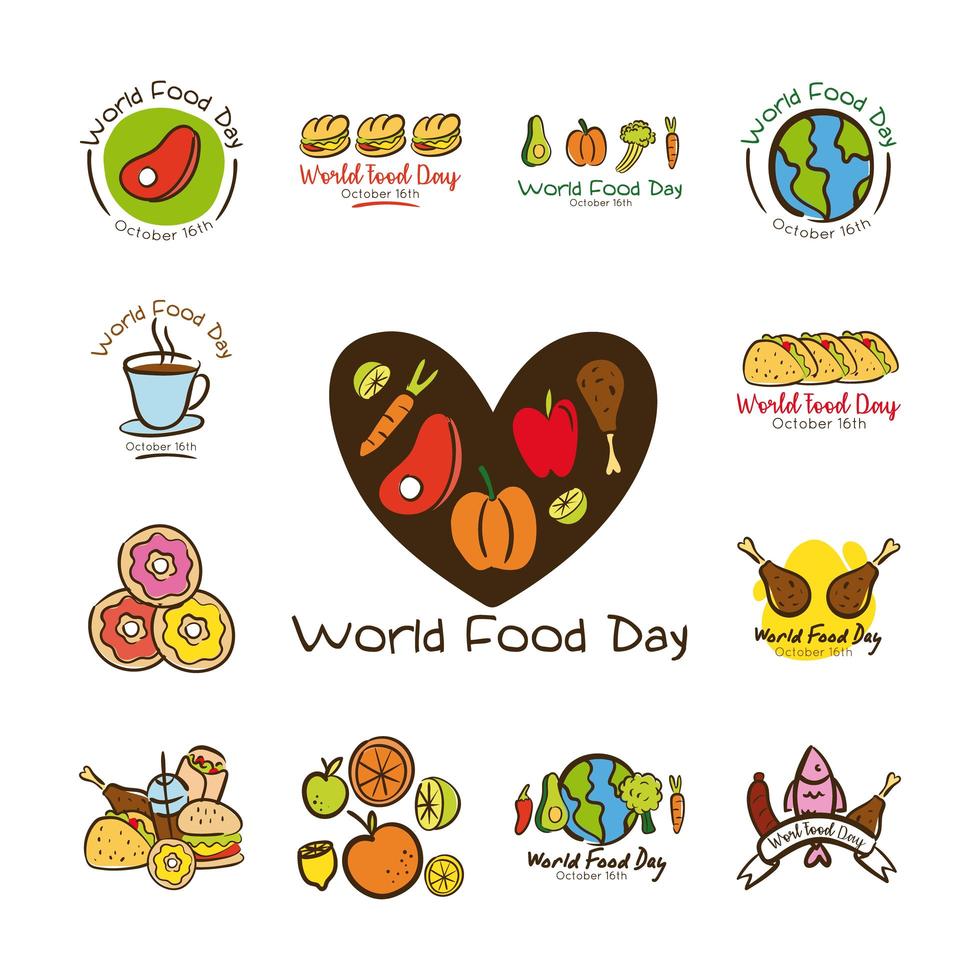 paquet de treize lettrages de célébration de la journée mondiale de l'alimentation style plat vecteur
