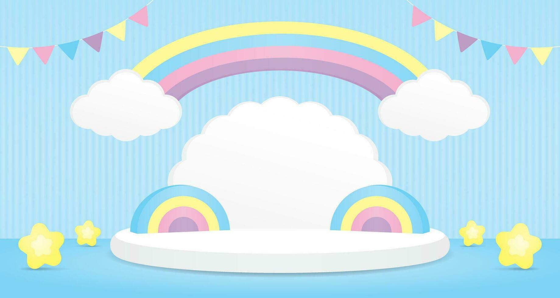 mignonne kawaii sucré pastel arc en ciel cambre avec nuage forme podium afficher 3d illustration vecteur scène pour en mettant objet