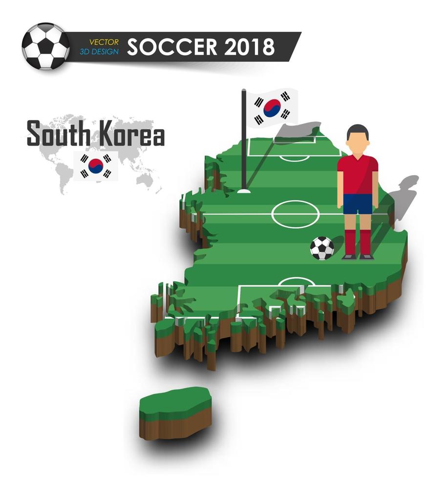 joueur de football de l'équipe nationale de football de la corée du sud et drapeau sur la carte du pays de conception 3d vecteur de fond isolé pour le concept de tournoi de championnat du monde international 2018