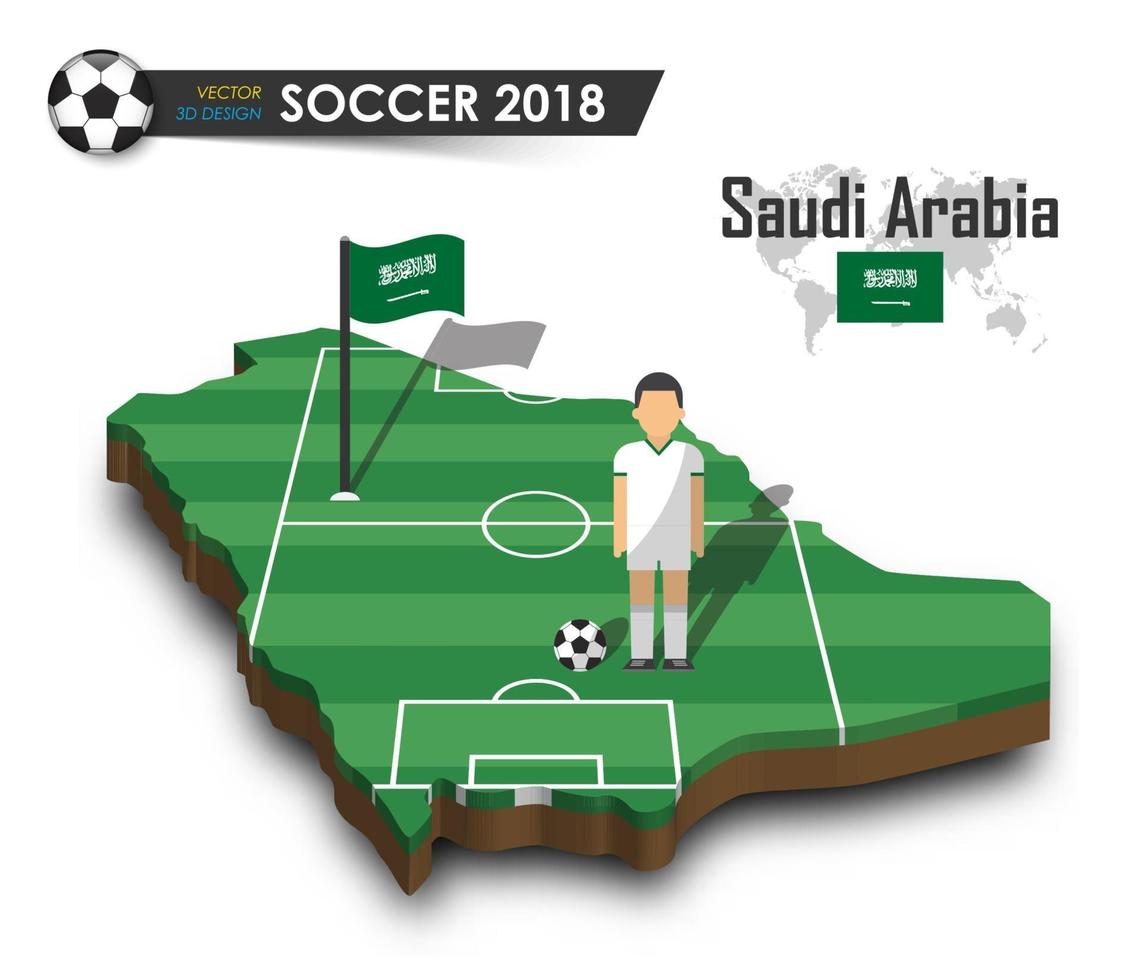 joueur de football de l'équipe nationale de football de l'arabie saoudite et drapeau sur la carte du pays de conception 3d vecteur de fond isolé pour le concept de tournoi de championnat du monde international 2018