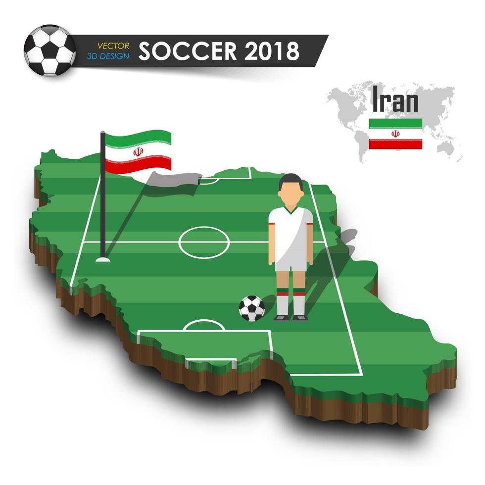 joueur de football de l'équipe nationale de football de l'iran et drapeau sur la carte du pays de conception 3d vecteur de fond isolé pour le concept de tournoi de championnat du monde international 2018