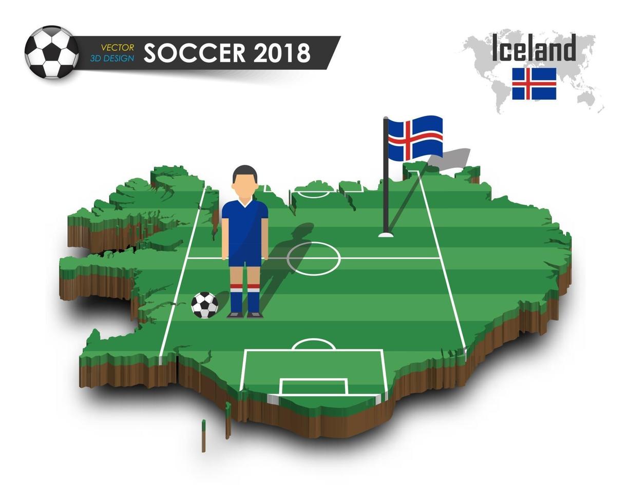 joueur de football de l'équipe nationale de football de l'islande et drapeau sur la carte du pays de conception 3d vecteur de fond isolé pour le concept de tournoi de championnat du monde international 2018