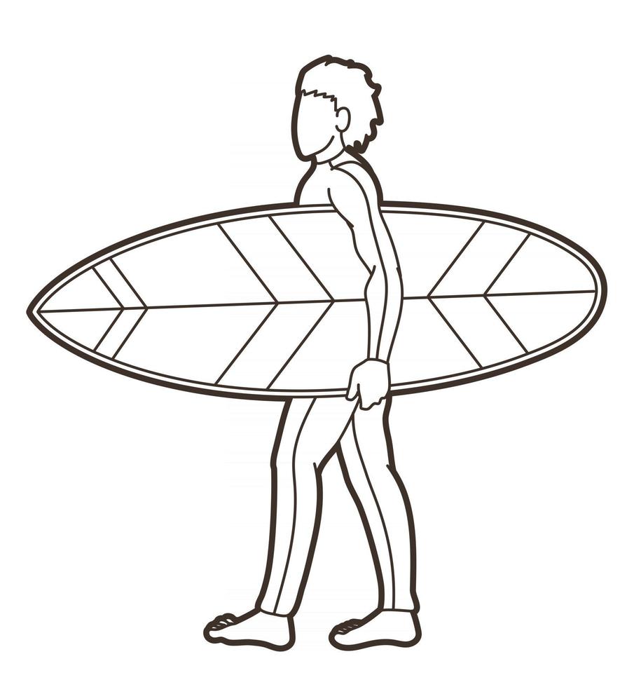 Décrire un homme à pied avec planche de surf surf sport vecteur