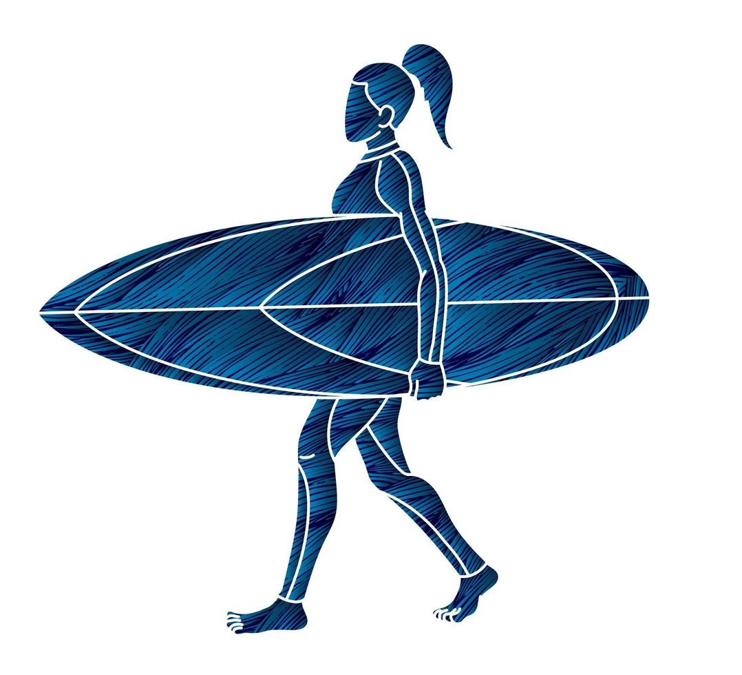 silhouette une femme marche avec planche de surf surf sport vecteur