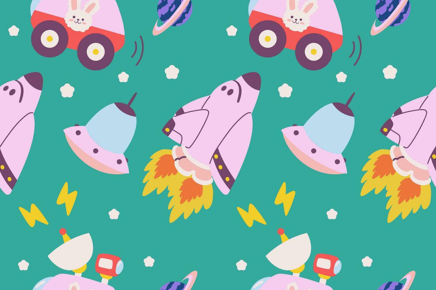 kawaii extérieur espace sans couture modèle Contexte. mignonne cosmique galaxie à thème pour vêtements, textile et emballage papier vecteur