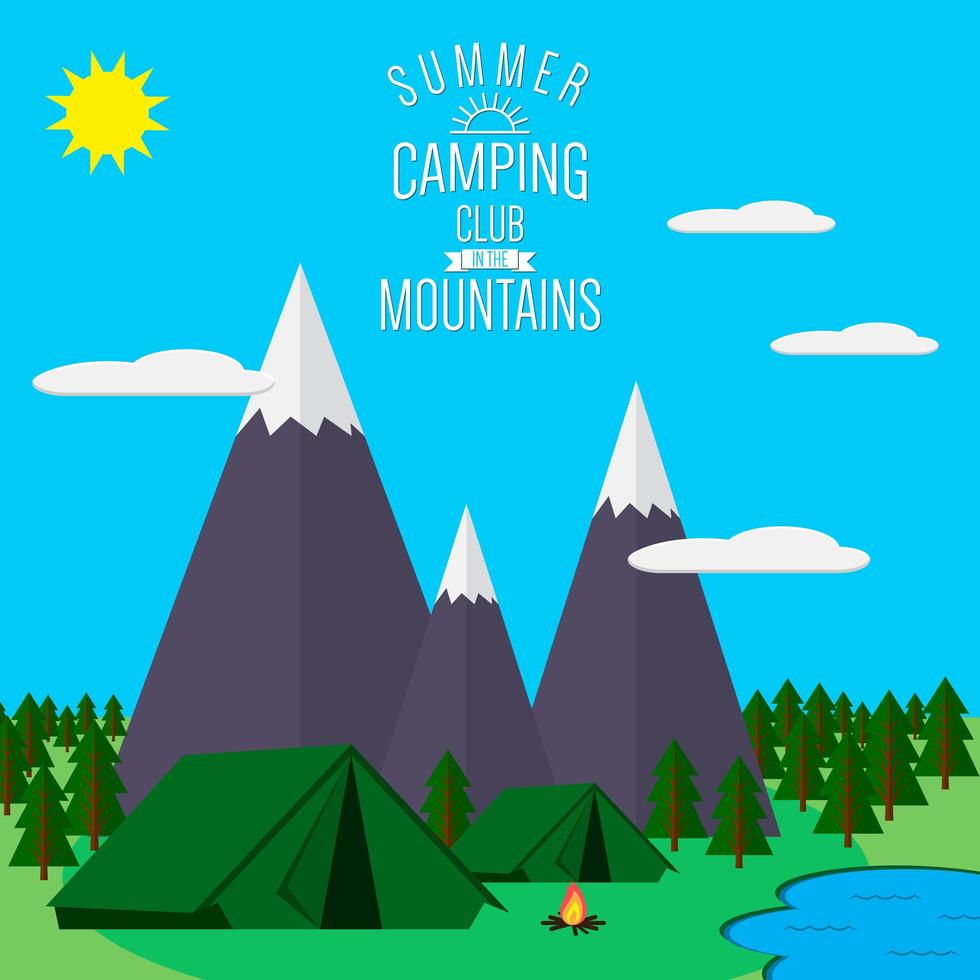 montagnes avec illustration vectorielle à plat de paysage de forêt et de lac, pour le camping et la randonnée, les sports extrêmes, l'aventure en plein air, avec lieu de loisirs, tentes et feu vecteur