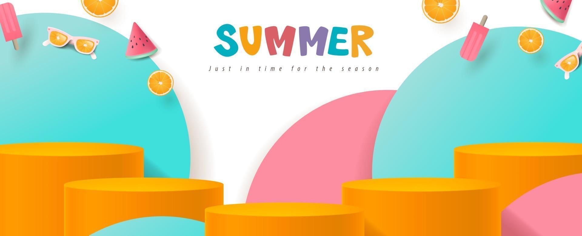 bannière de vente d'été avec forme cylindrique d'affichage de produit vecteur