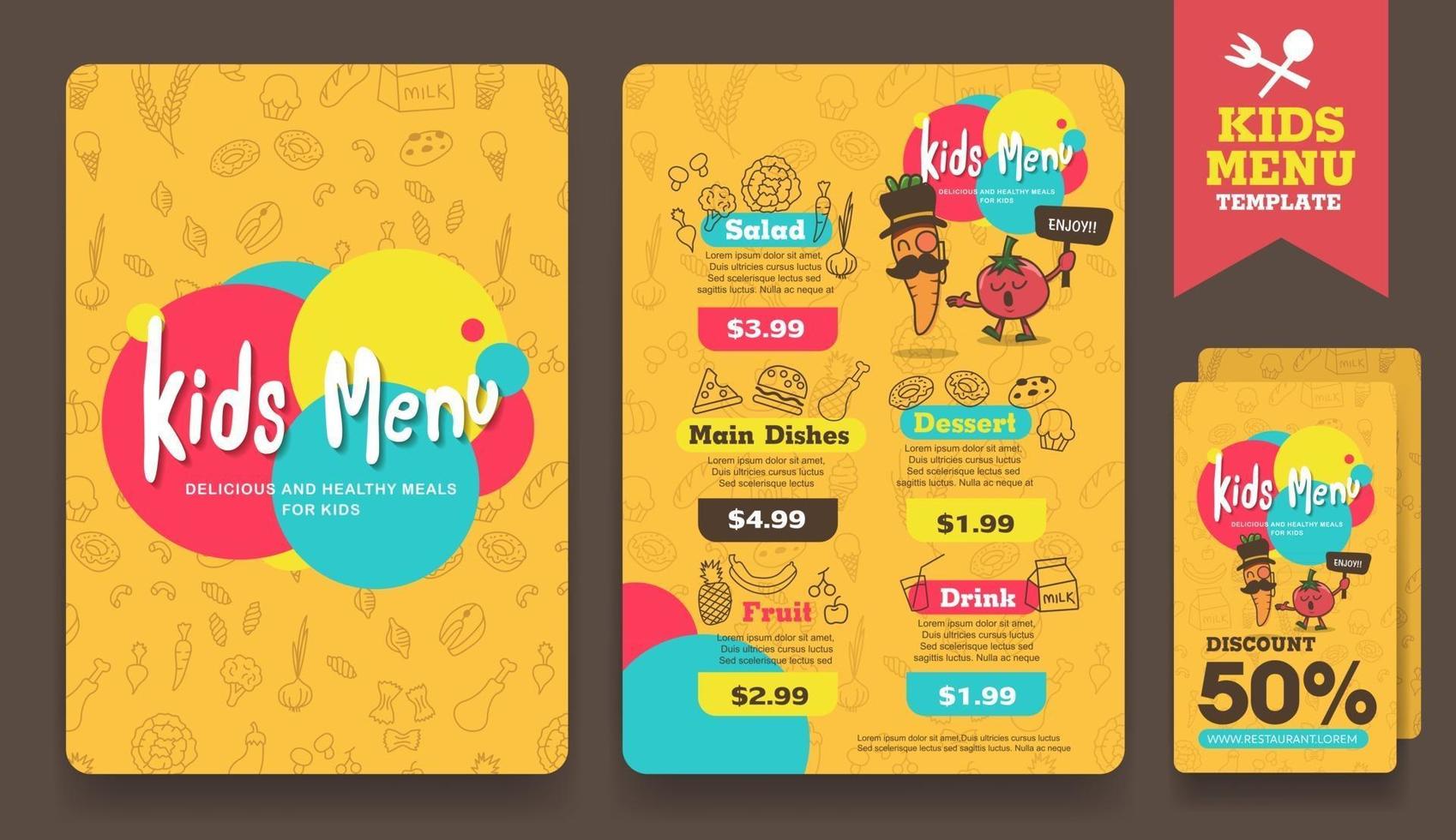 modèle de vecteur de menu de repas enfants colorés mignons