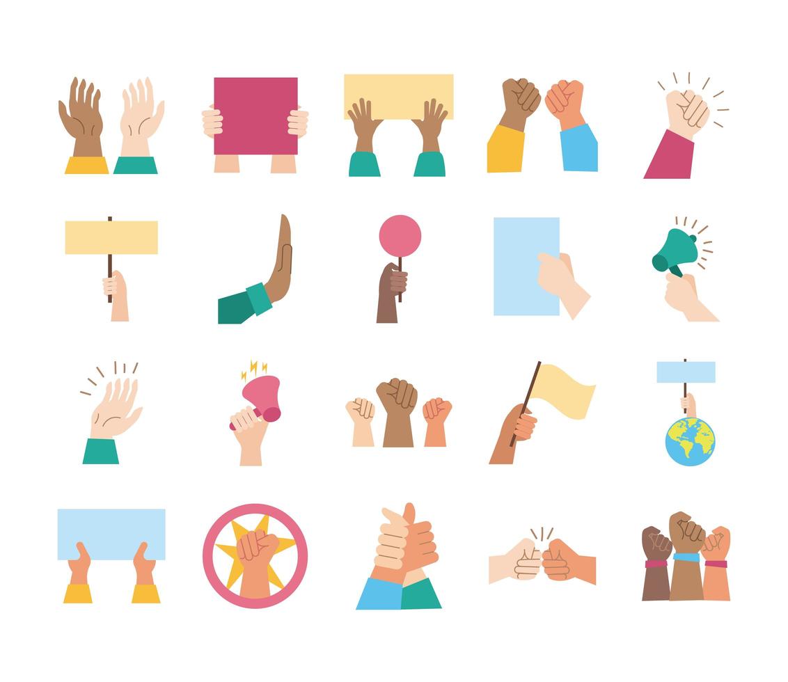 paquet de mains protestation set icons vecteur