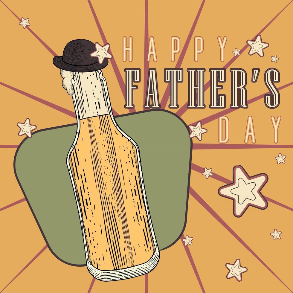 affiche vintage de la fête des pères avec une bouteille de bière avec un chapeau vecteur