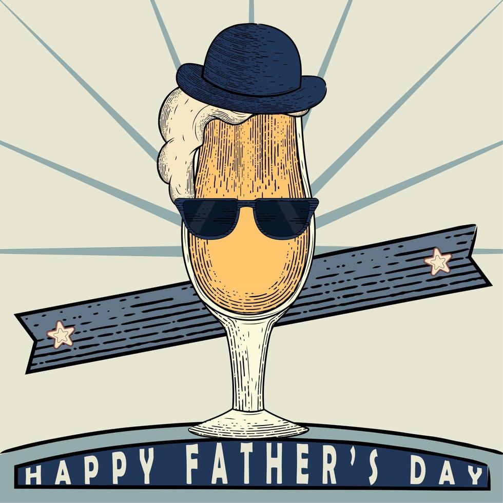 affiche vintage de la fête des pères avec un verre à bière avec un chapeau et des lunettes de soleil vecteur