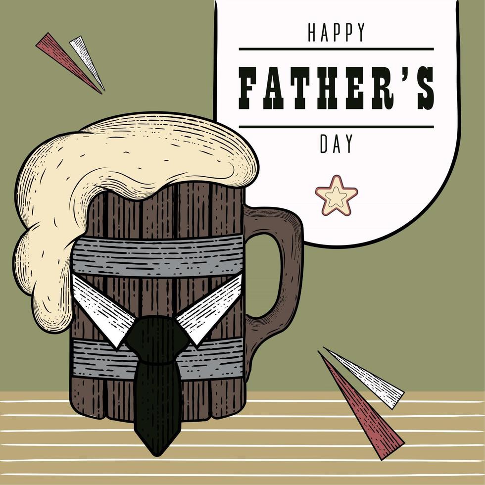 affiche vintage de la fête des pères avec une chope de bière en bois avec de la mousse et une cravate vecteur