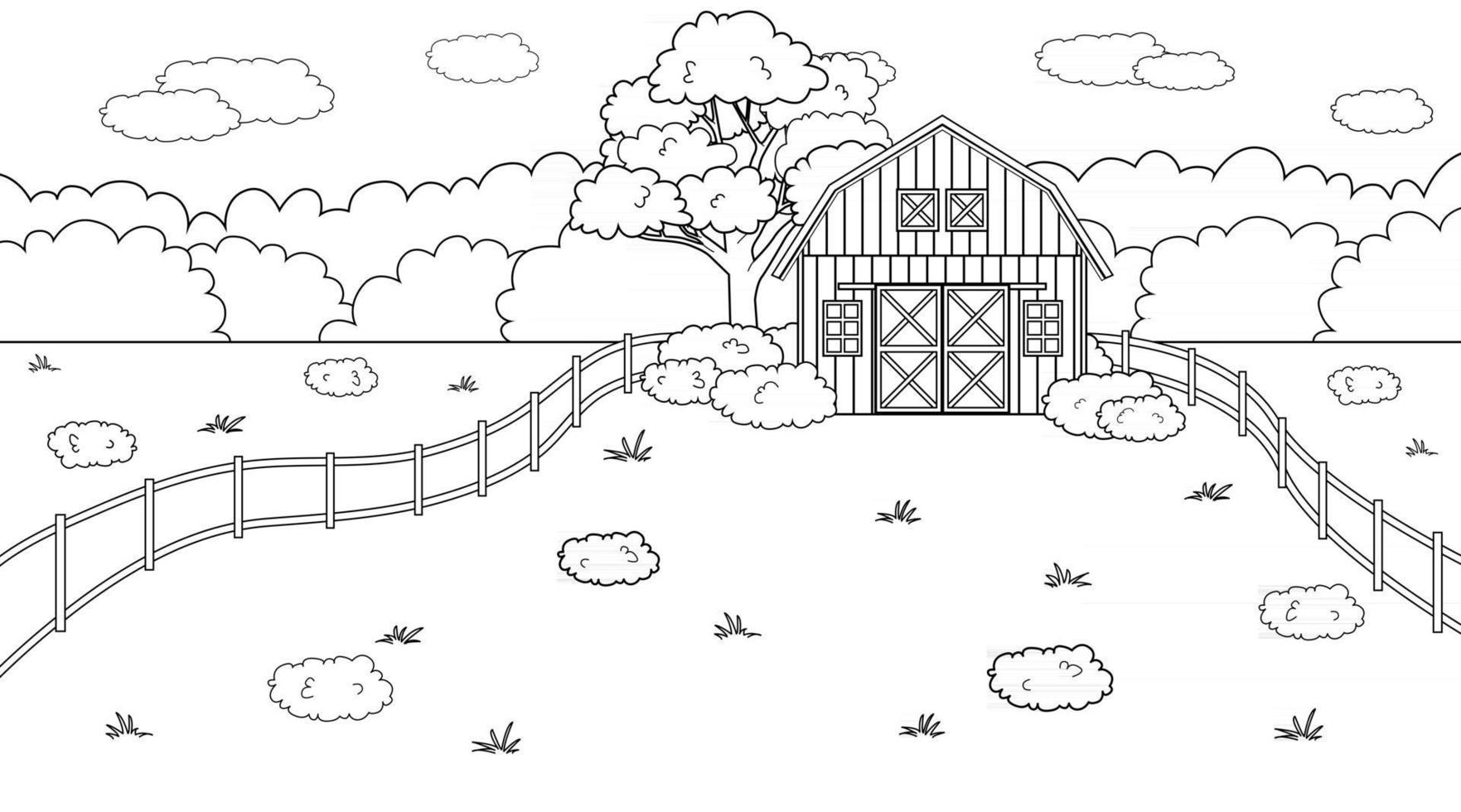 concept de ferme monochrome noir blanc d'été ou de printemps dans la campagne dessin animé doodle vecteur clôture de grange rouge mignonne et champ de nuages et arbres buissons et plantes pour livre de coloriage de fond de vie animale