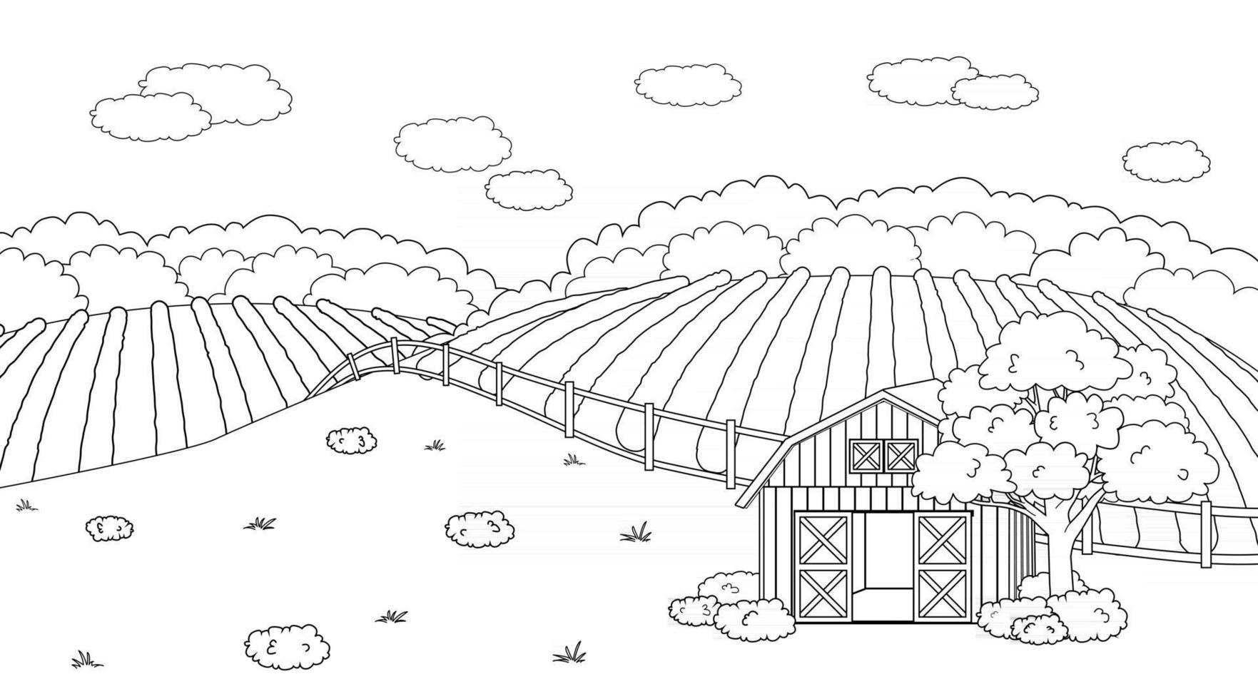 concept de griffonnage de ferme de printemps d'été blanc noir dans le vecteur de dessin animé de campagne grange rouge mignonne avec des portes ouvertes clôture des nuages champ planté des plantations des buissons des plantes pour la vie animale pour des livres à colorier