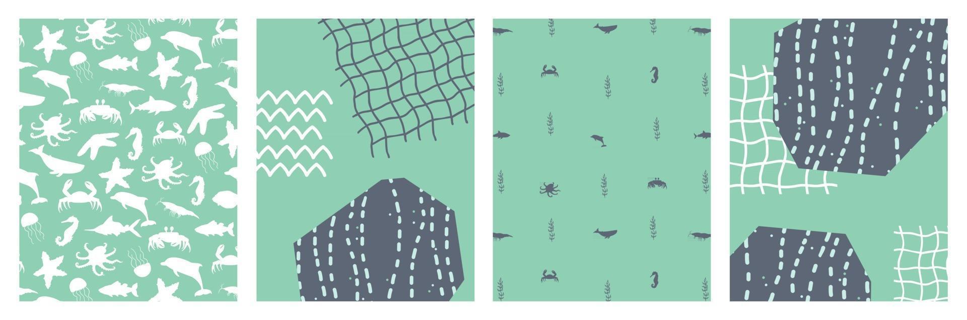ensemble d'affiches abstraites océan mer avec silhouette de dessin animé poisson poulpe crabe raie pastenague étoile de mer algues plantes aquatiques illustration vectorielle bannière carte carte postale vecteur