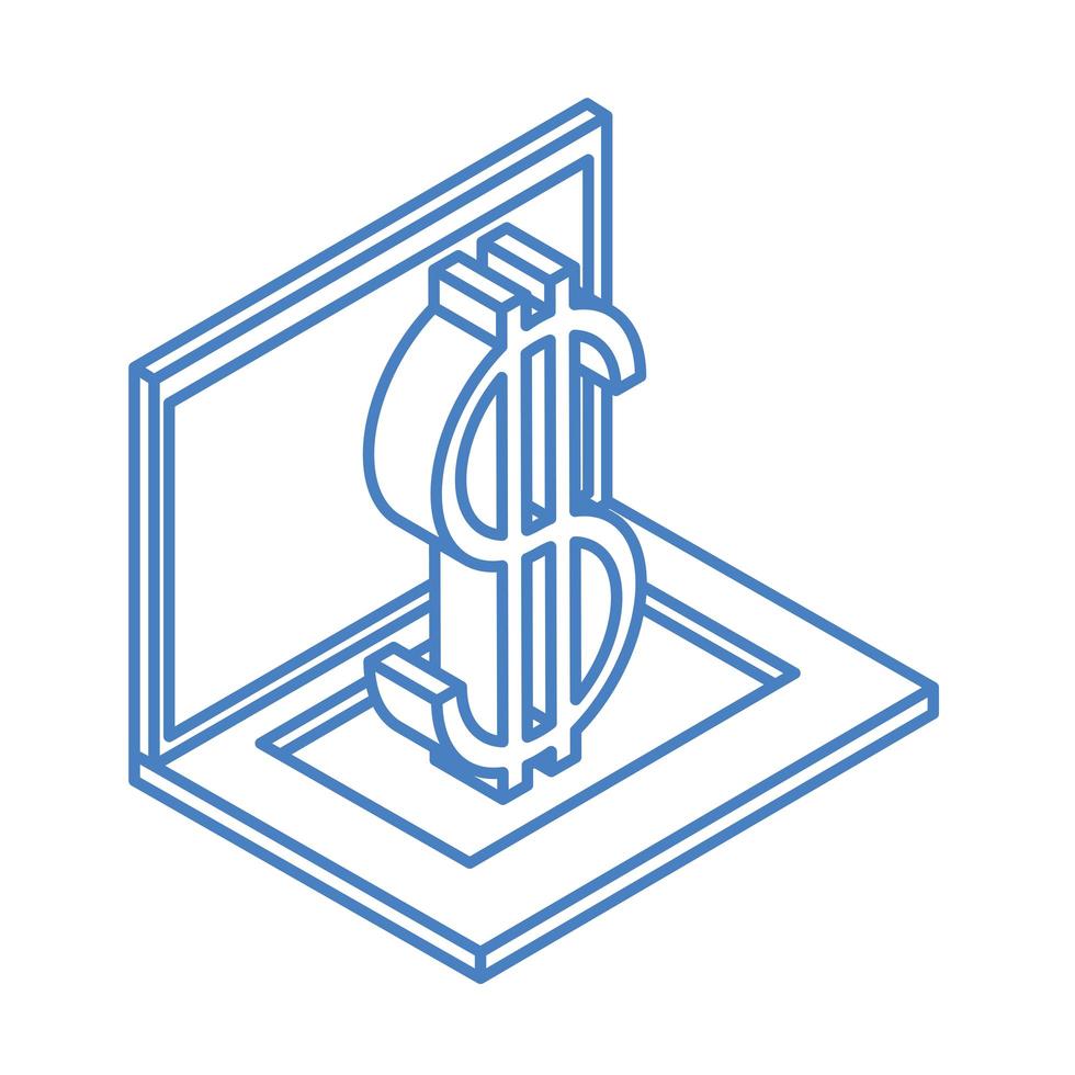 isométrique argent cash monnaie ordinateur portable dollar isolé sur fond blanc icône bleu linéaire vecteur