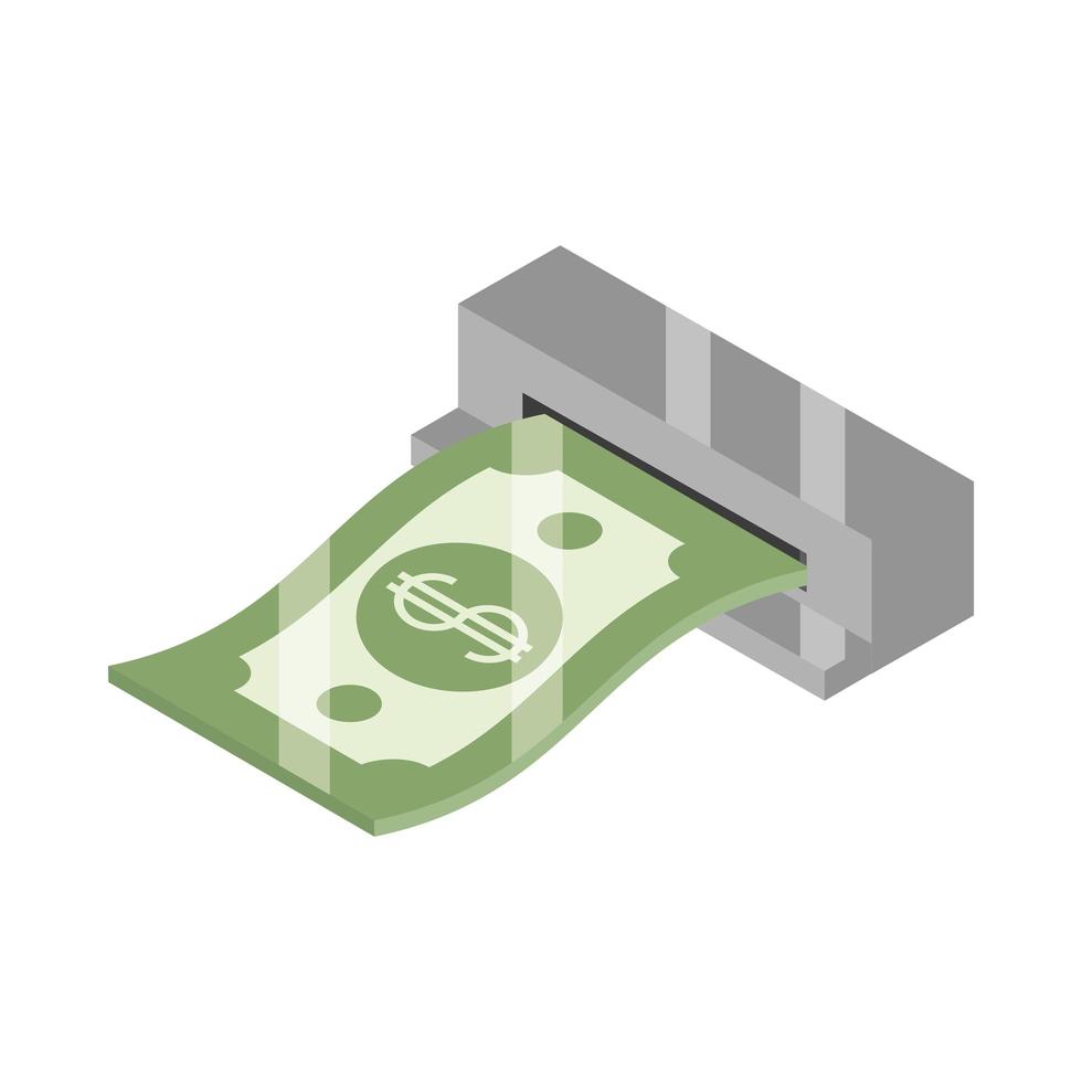 Billet de banque atm argent cash isométrique isolé sur fond blanc icône plate vecteur