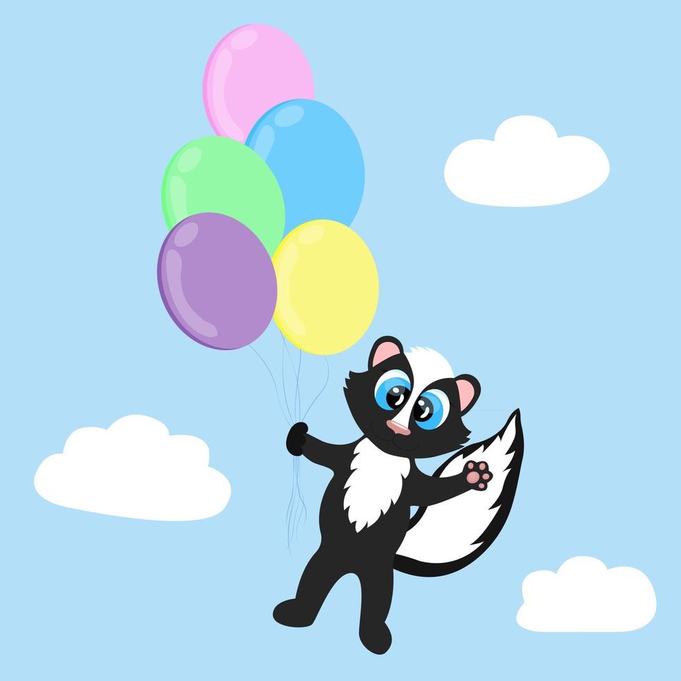 ballons colorés dans le ciel et illustration vectorielle de skunk animal mignon volant pour affiche de décor de chambre de pépinière d'enfants vecteur