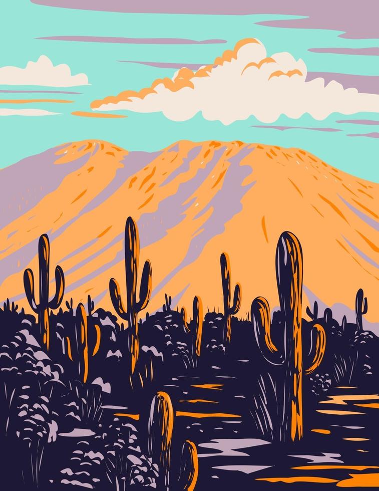 cactus saguaro avec pic wasson dans les montagnes de tucson situé dans le parc national de saguaro en arizona wpa poster art vecteur