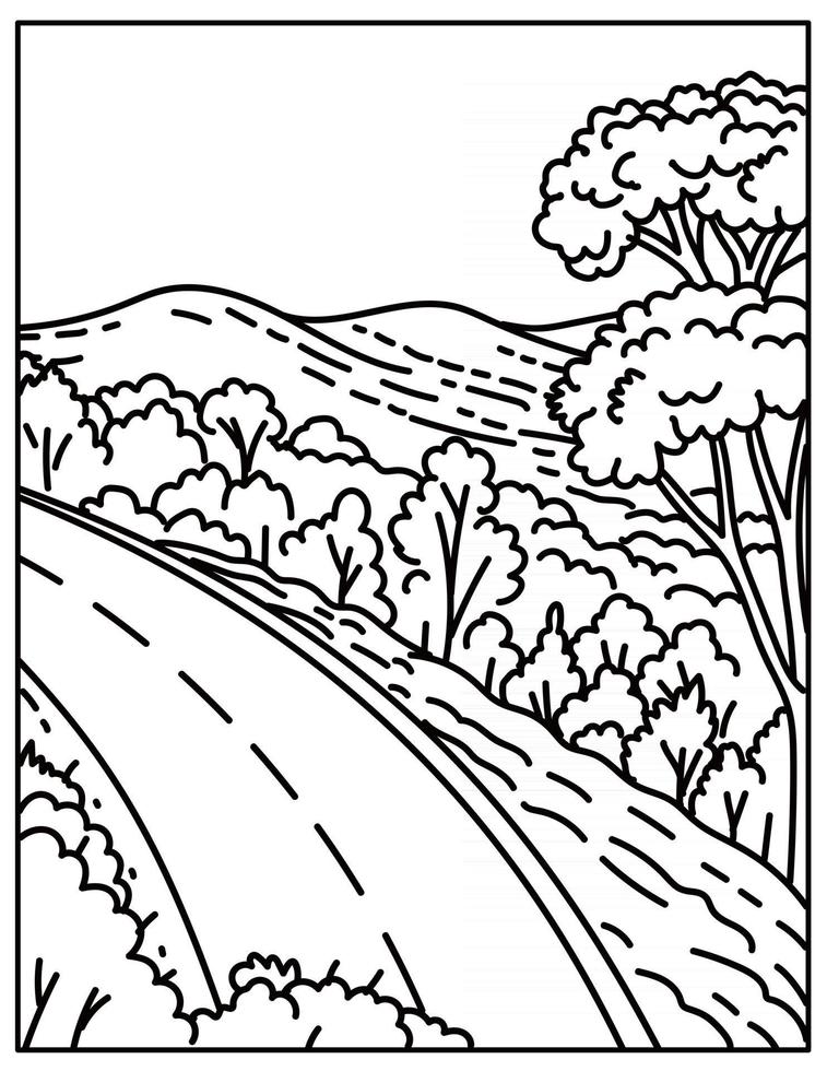ligne d'horizon du parc national de shenandoah dans les montagnes de la crête bleue de la virginie etats-unis ligne mono ou dessin au trait noir et blanc monoline vecteur