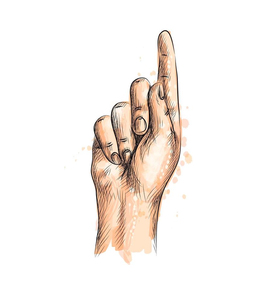 main avec un doigt vers le haut d'une éclaboussure d'aquarelle croquis dessinés à la main illustration vectorielle de peintures vecteur