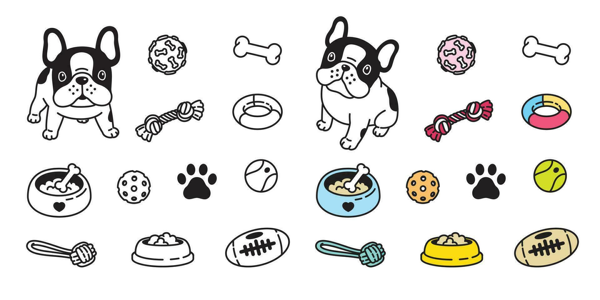 chien vecteur français bouledogue icône patte OS nourriture bol Balle jouet empreinte dessin animé personnage illustration griffonnage