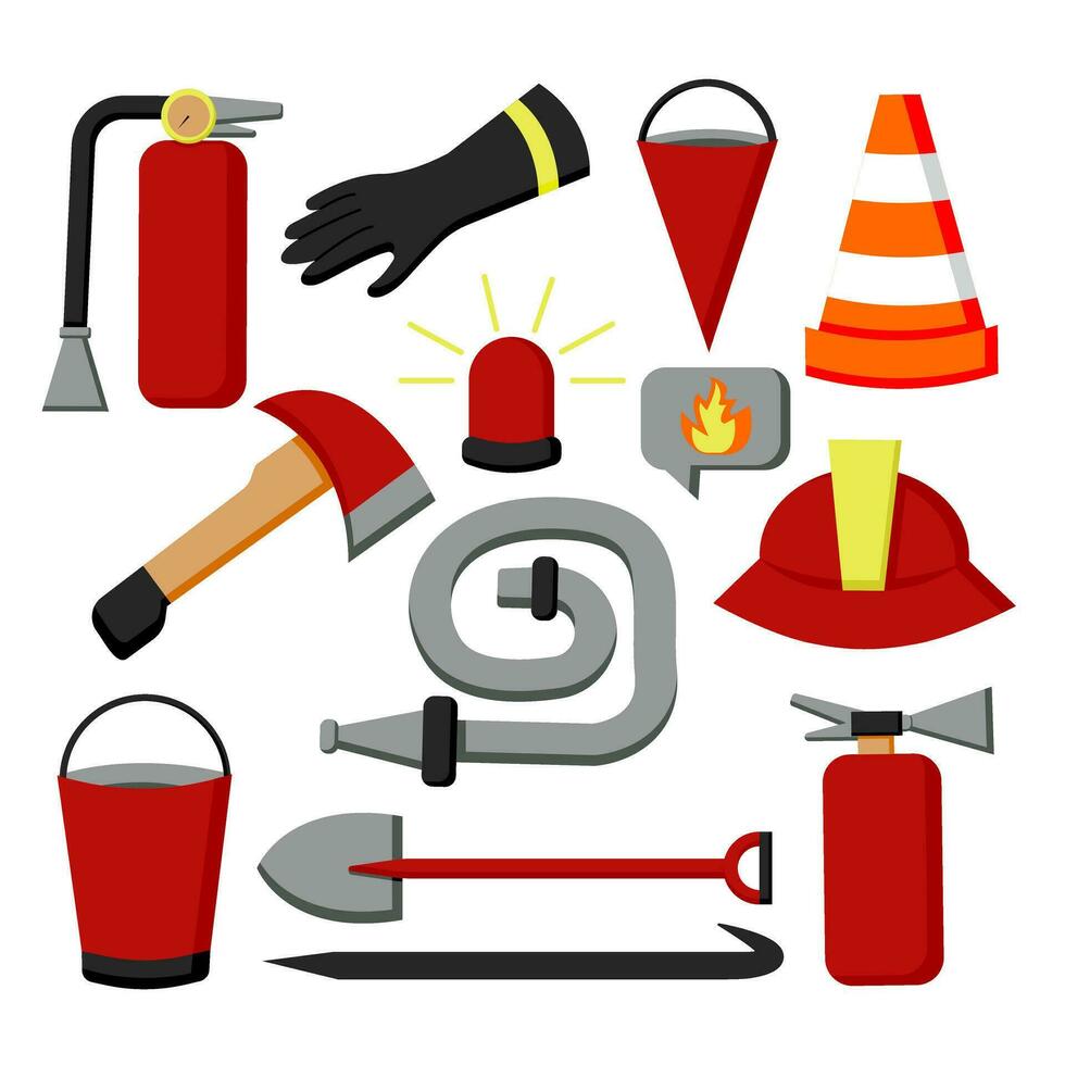 ensemble de sapeur pompier équipement. pompier outils ensemble. bouche d'incendie, bougie d'allumage, extincteur, casque, barre, hache, hachette, hache, accrocher. vecteur illustration.